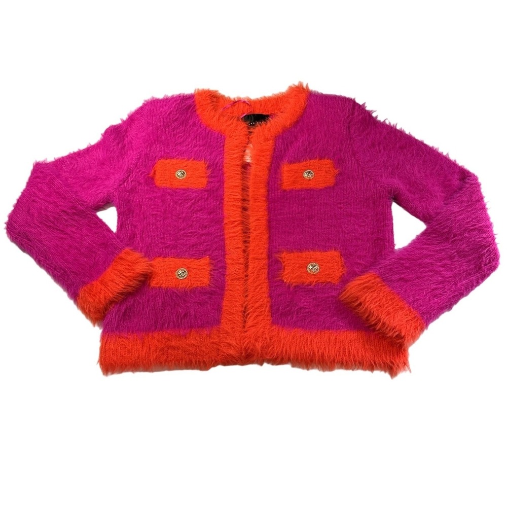 Endless Rose Women's‎ Cardigan Medium Fuchsia Orange Fuzzy Sweater Gold Buttons